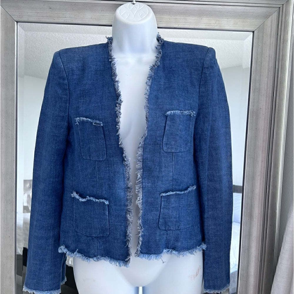 JOSEPH Womens Blue Metallic Tweed Silk Blend Blazer Fringe Size 40 EU. US M.